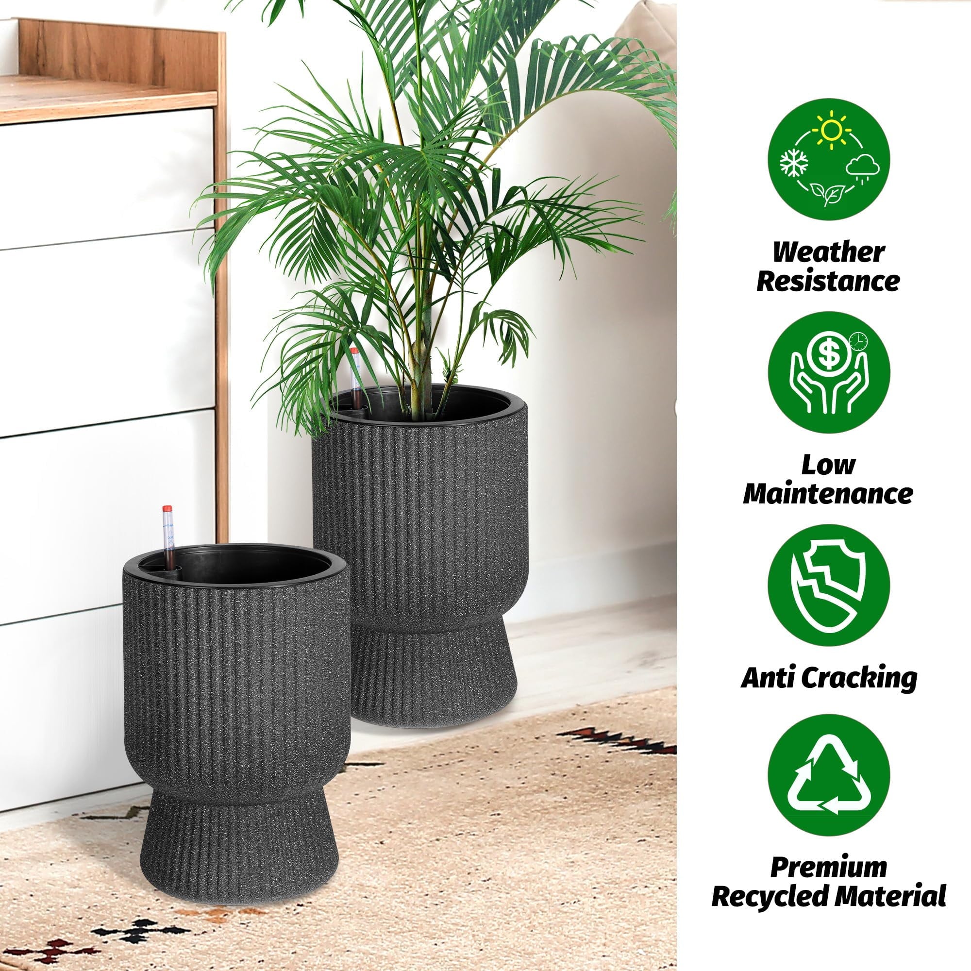 Towallmark 14.2" Planters Set of 2, Self Watering Plant Pots with Inner Bucket and Water Level Monitor, Flower Pots with Drainage Holes for Patio, Porch, Living Room, Home Office, Marble Black