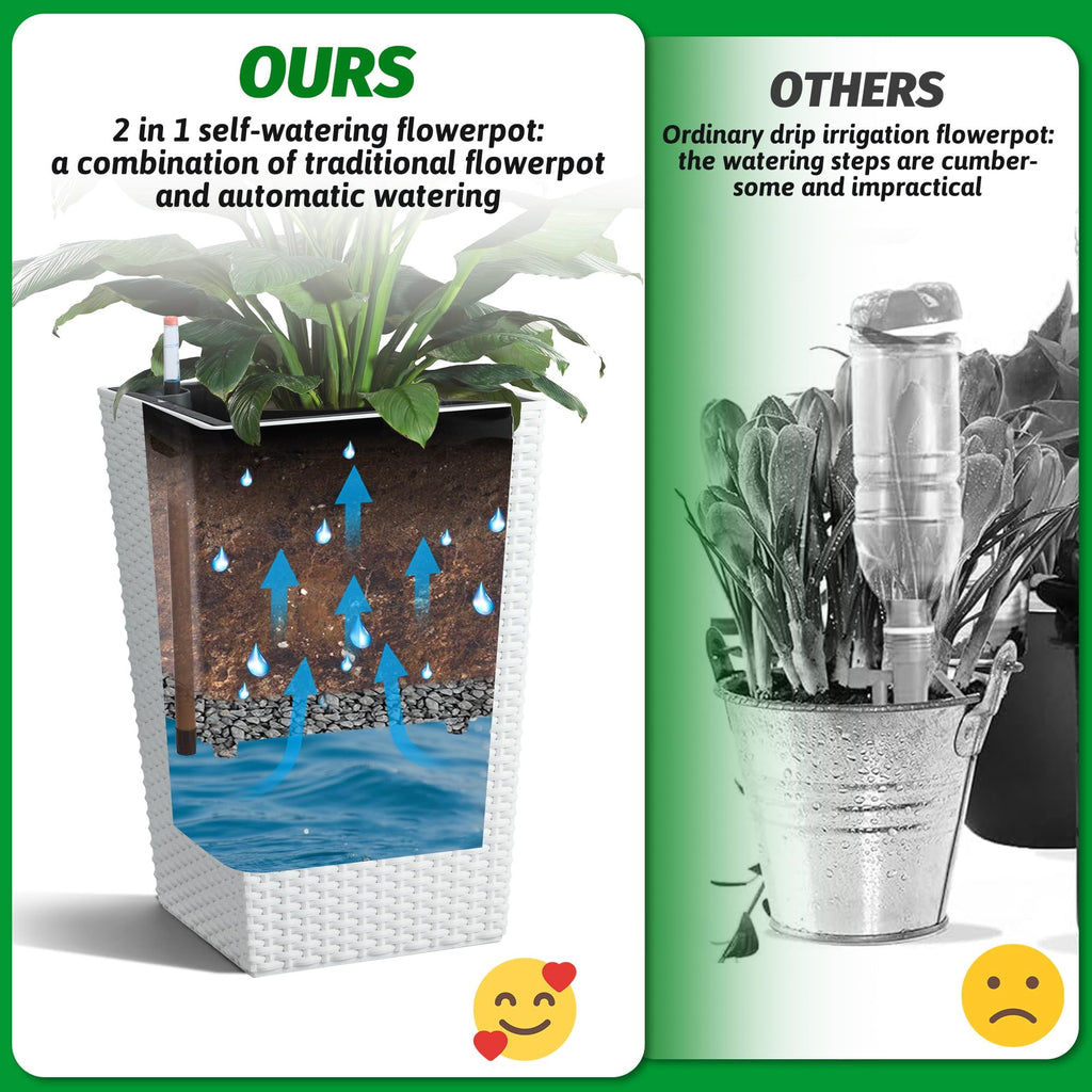 Set of 4 Tall Rattan-Style Self Watering Planters, 16" Indoor Outdoor Plant Pots with Water Level Indicator for Patio & Home, White
