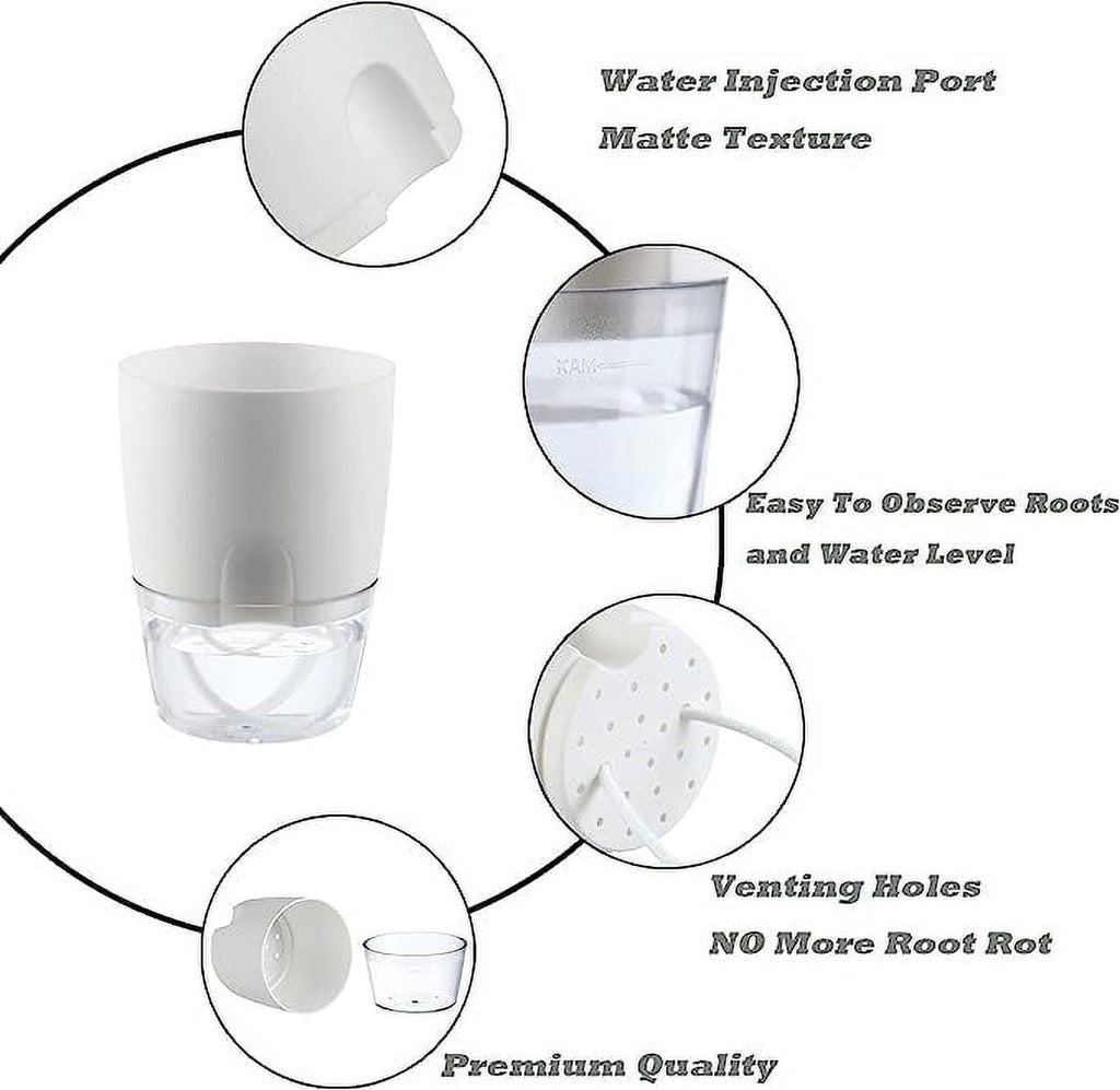Tutuviw 6 Inch African Violet Self Watering Pots Plastic Self Watering Planter Pots Clear Bottom with Wick for Indoor Outdoor Plants, Herb, Succulents(White)
