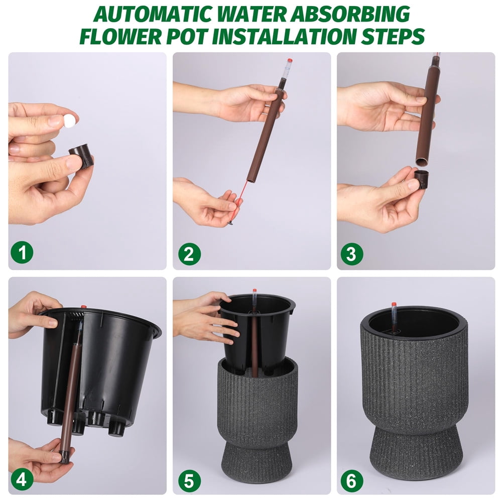14.2" Tall Planters Set of 2, Plant Pots, Self Watering Pots for Indoor Plants, Flower Pots with Built-in Drainage and a Water Level Monitor, for Patio, Porch, Living Room, or Home Office