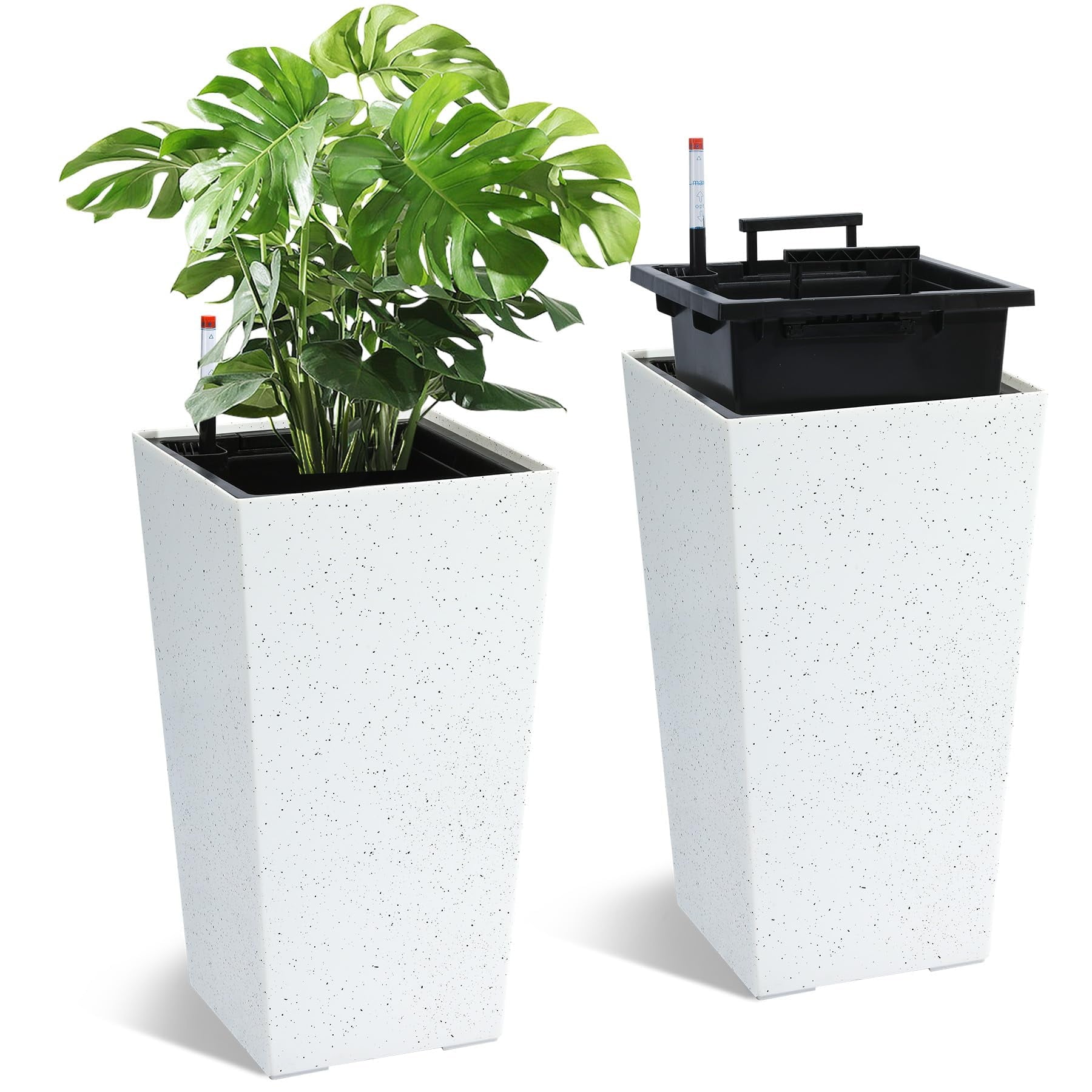 Large Indoor Plant Pot Set of 2, Self Watering Plant Pot, High Front Porch Planter Pots with Drainage Holes＆Water Level Monitor Movable Wheels ＆Inner Bucket, Automatic Watering