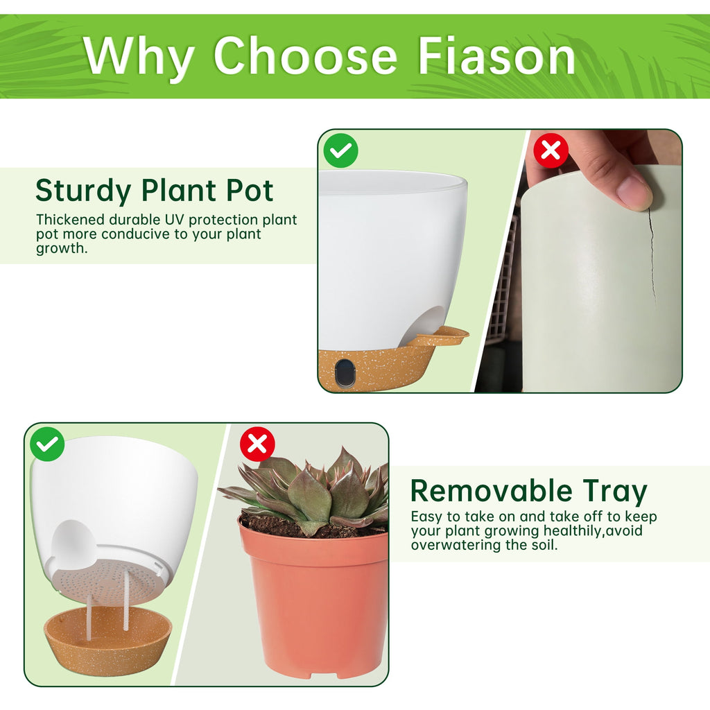 FIASON 9 Pack Plastic 5/5.5/6/6.5/7/8/9/10/12 Inch White with Brown Self Watering Plant Pots,Include Watering Lip,Drainage Holes & Removable Saucer for Indoor Outdoor Use
