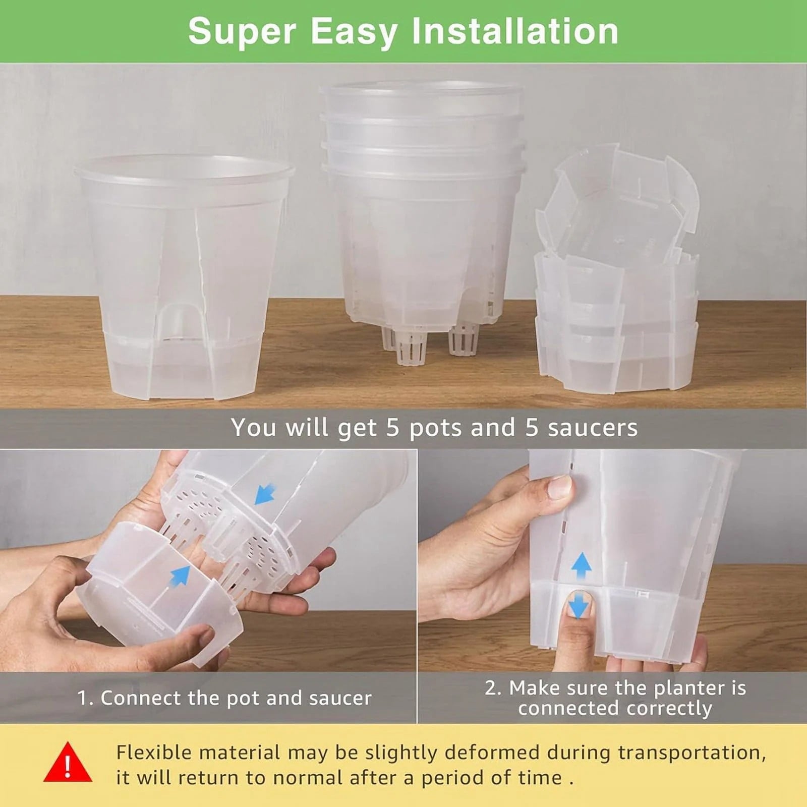 EZPXFCI 5 Pack Transparent Plastic Self Watering Planters | Large Nursery Pots with Deep Reservoir/Drainage Holes, for Indoor Outdoor Plants/Flowers