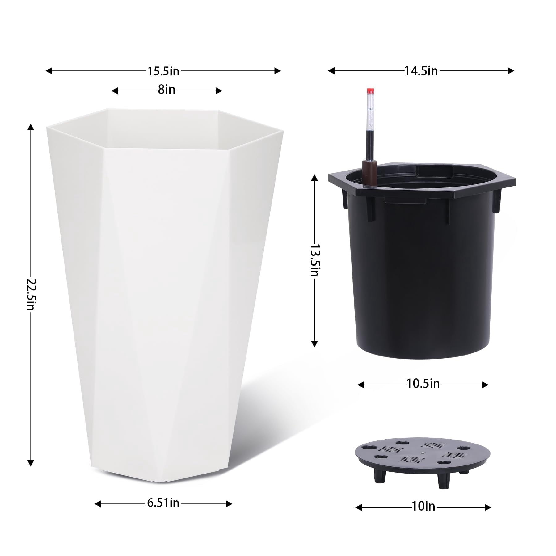 23 Inch Tall Outdoor Planters Set of 2, Self Watering Pots for Indoor Plants with Water Level Monitor & Drainage Hole & Wheels, Large Planter Pots for Garden, Patio, Balcony, White