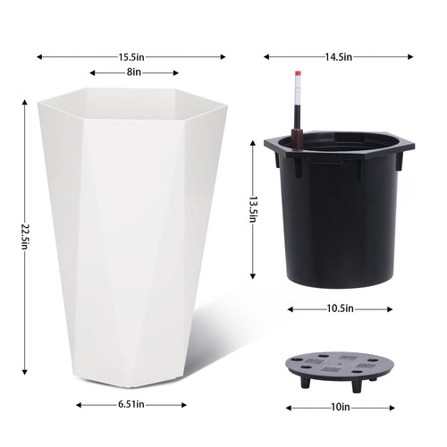 23 Inch Tall Outdoor Planters Set of 2, Self Watering Pots for Indoor Plants with Water Level Monitor & Drainage Hole & Wheels, Large Planter Pots for Garden, Patio, Balcony, White