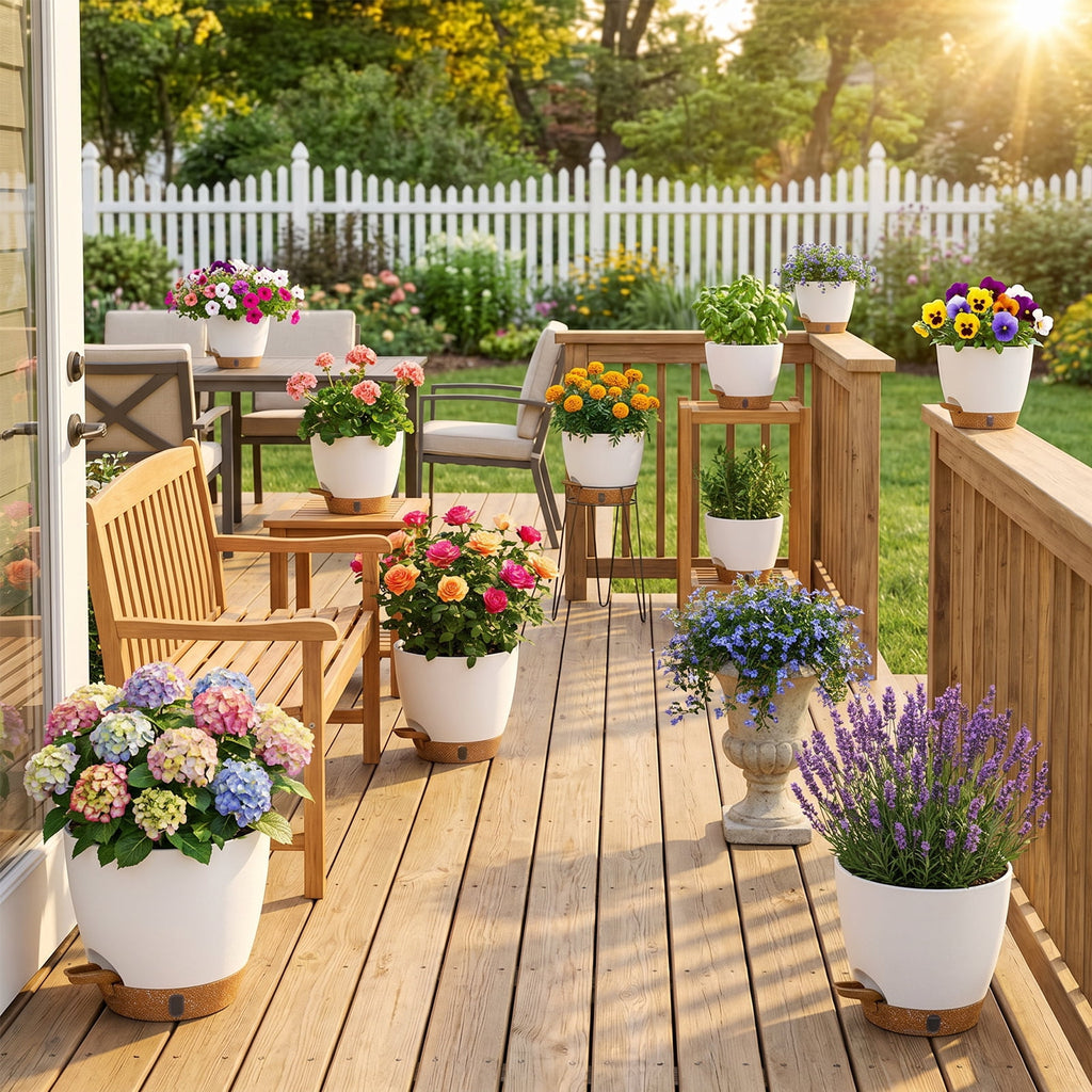 FIASON 9 Pack Plastic 5/5.5/6/6.5/7/8/9/10/12 Inch White with Brown Self Watering Plant Pots,Include Watering Lip,Drainage Holes & Removable Saucer for Indoor Outdoor Use