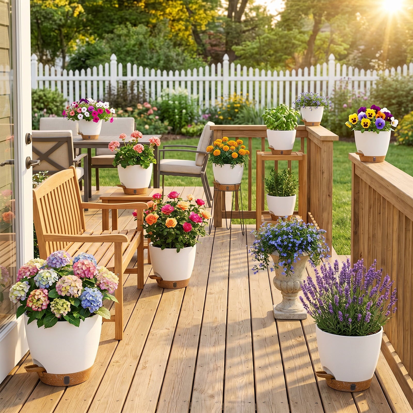 FIASON 9 Pack Plastic 5/5.5/6/6.5/7/8/9/10/12 Inch White with Brown Self Watering Plant Pots,Include Watering Lip,Drainage Holes & Removable Saucer for Indoor Outdoor Use